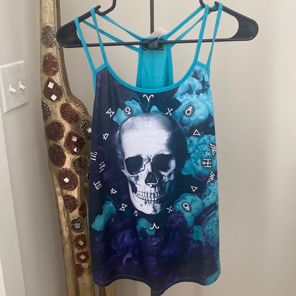 Hot Topic Midnight Hour Blue Purple Celestial Skull Strappy Layering Tank Top S